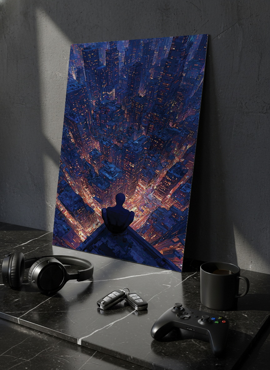 Printed 4K Ultra Gloss Metal Frame A3 Size | Spider-Man Rooftop Aura Print | 1.2mm Premium Thickness Wall Frame (12x18 Inches)