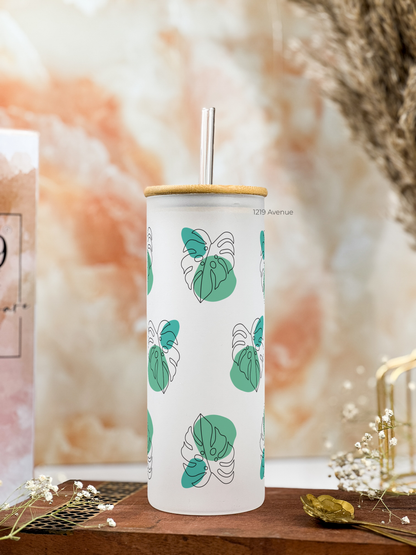 Frosted Grande Sipper 650ml| Monstera All Over Print| 20oz Tall Tumbler with straw and lid