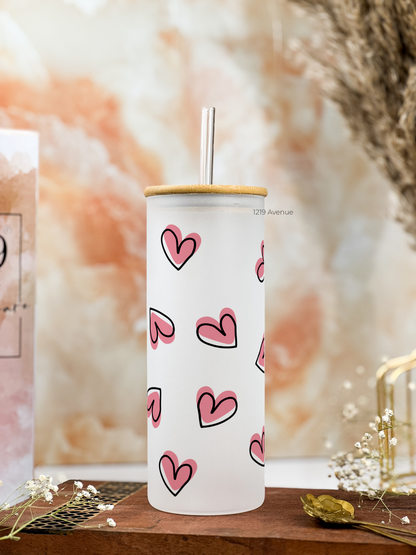 Frosted Grande Sipper 650ml| Pink Hearts All Over Print| 20oz Tall Tumbler with straw and lid