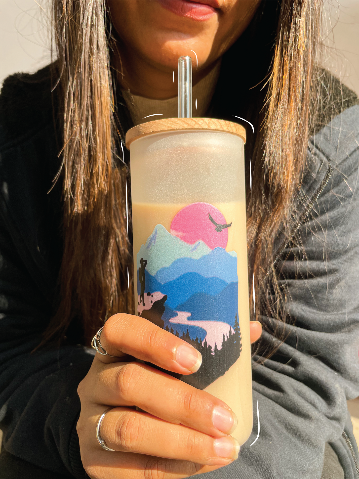 Frosted Grande Sipper 650ml| Heart In Mountain Print| 20oz Tall Tumbler with Straw and Lid