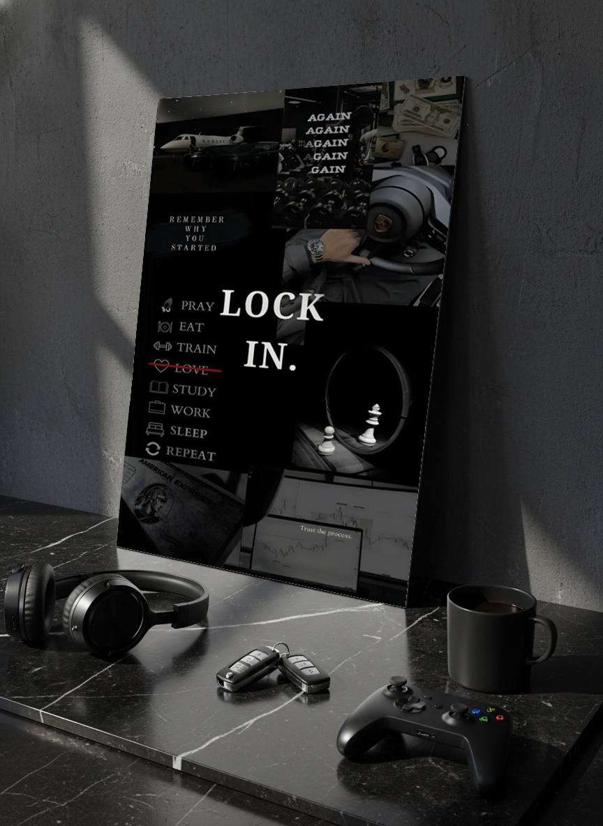 Printed 4K Ultra Gloss Metal Frame A3 Size | Lock In Mentality Print | 1.2mm Premium Thickness Wall Frame (12x18 Inches)