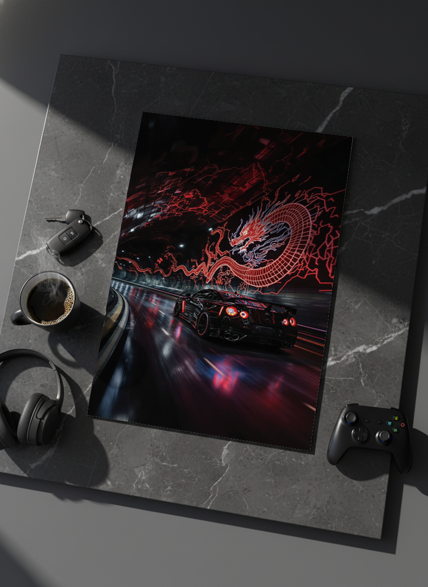 Printed 4K Ultra Gloss Metal Frame A3 Size | Dragon Night Racer Print | 1.2mm Premium Thickness Wall Frame (12x18 Inches)