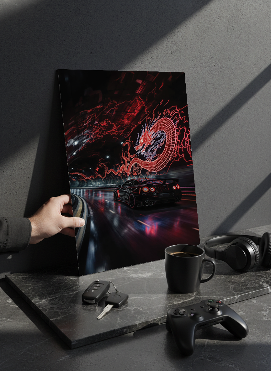 Printed 4K Ultra Gloss Metal Frame A3 Size | Dragon Night Racer Print | 1.2mm Premium Thickness Wall Frame (12x18 Inches)