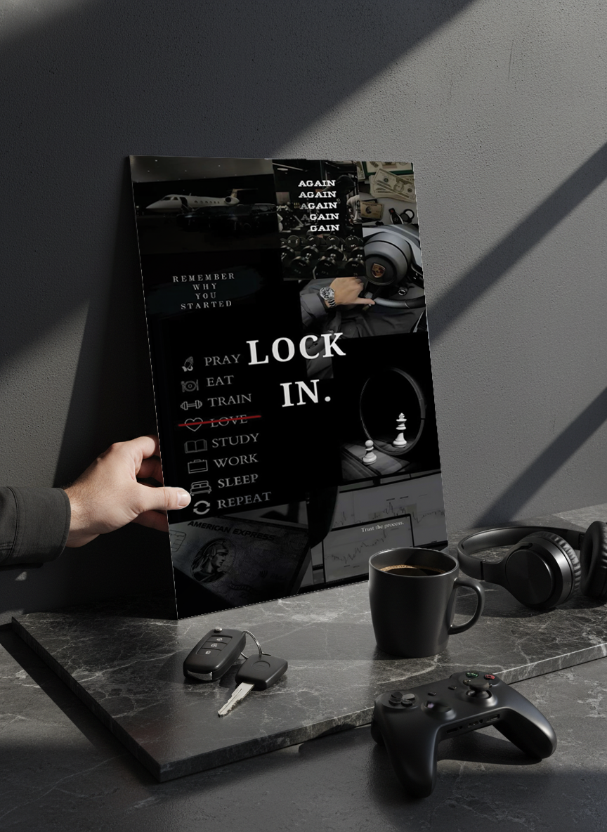 Printed 4K Ultra Gloss Metal Frame A3 Size | Lock In Mentality Print | 1.2mm Premium Thickness Wall Frame (12x18 Inches)