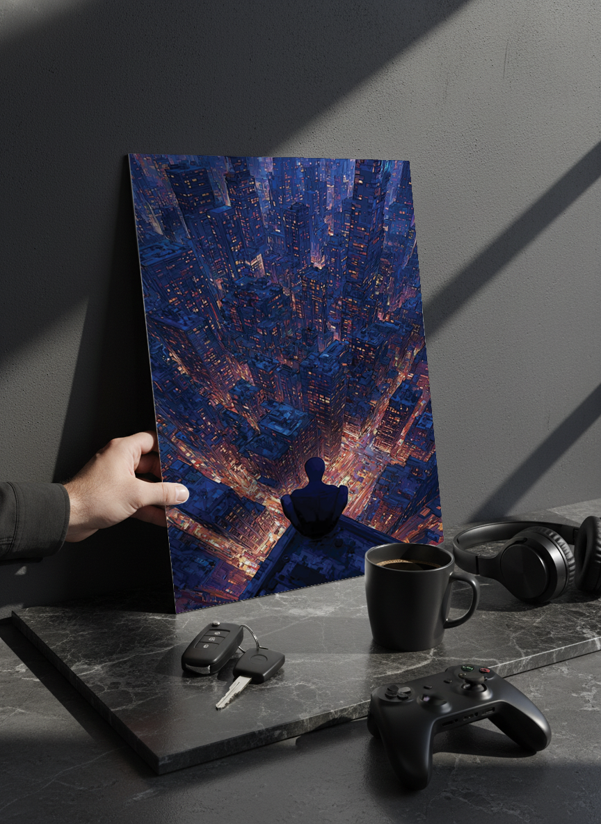 Printed 4K Ultra Gloss Metal Frame A3 Size | Spider-Man Rooftop Aura Print | 1.2mm Premium Thickness Wall Frame (12x18 Inches)