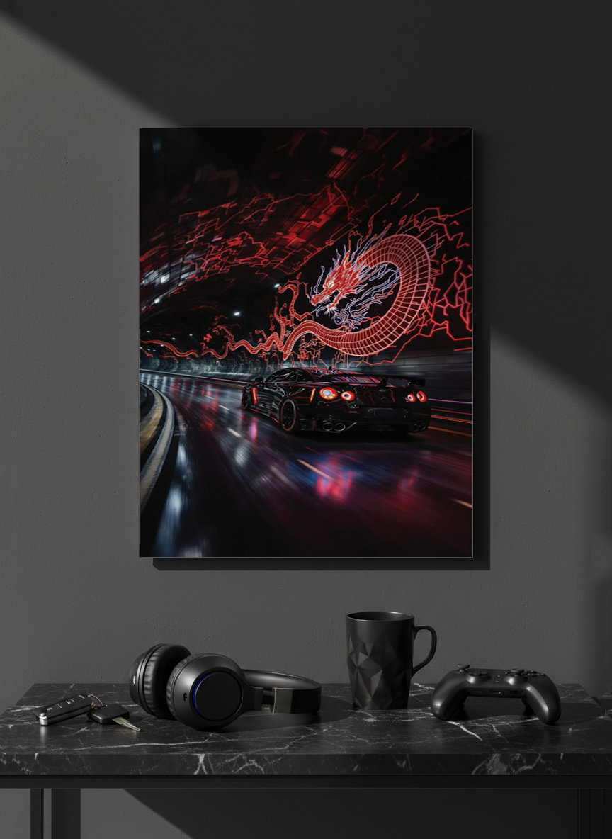Printed 4K Ultra Gloss Metal Frame A3 Size | Dragon Night Racer Print | 1.2mm Premium Thickness Wall Frame (12x18 Inches)