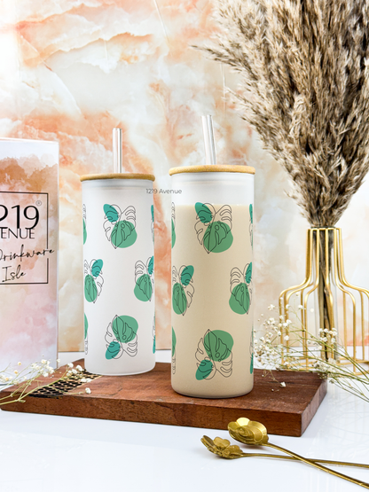 Frosted Grande Sipper 650ml| Monstera All Over Print| 20oz Tall Tumbler with straw and lid