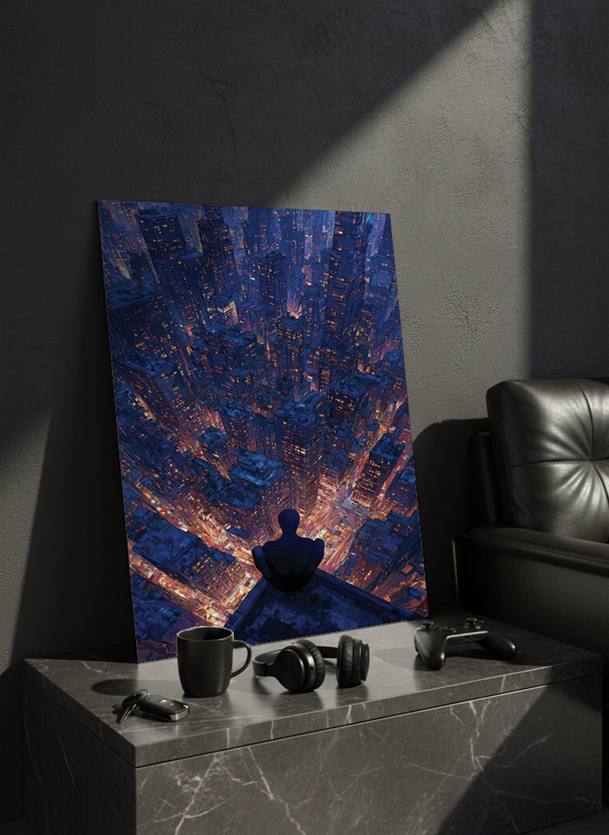 Printed 4K Ultra Gloss Metal Frame A3 Size | Spider-Man Rooftop Aura Print | 1.2mm Premium Thickness Wall Frame (12x18 Inches)