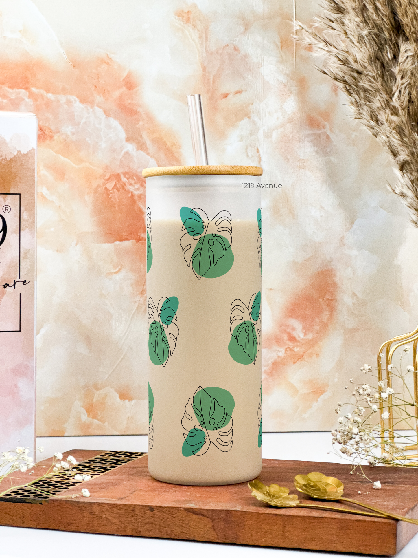 Frosted Grande Sipper 650ml| Monstera All Over Print| 20oz Tall Tumbler with straw and lid