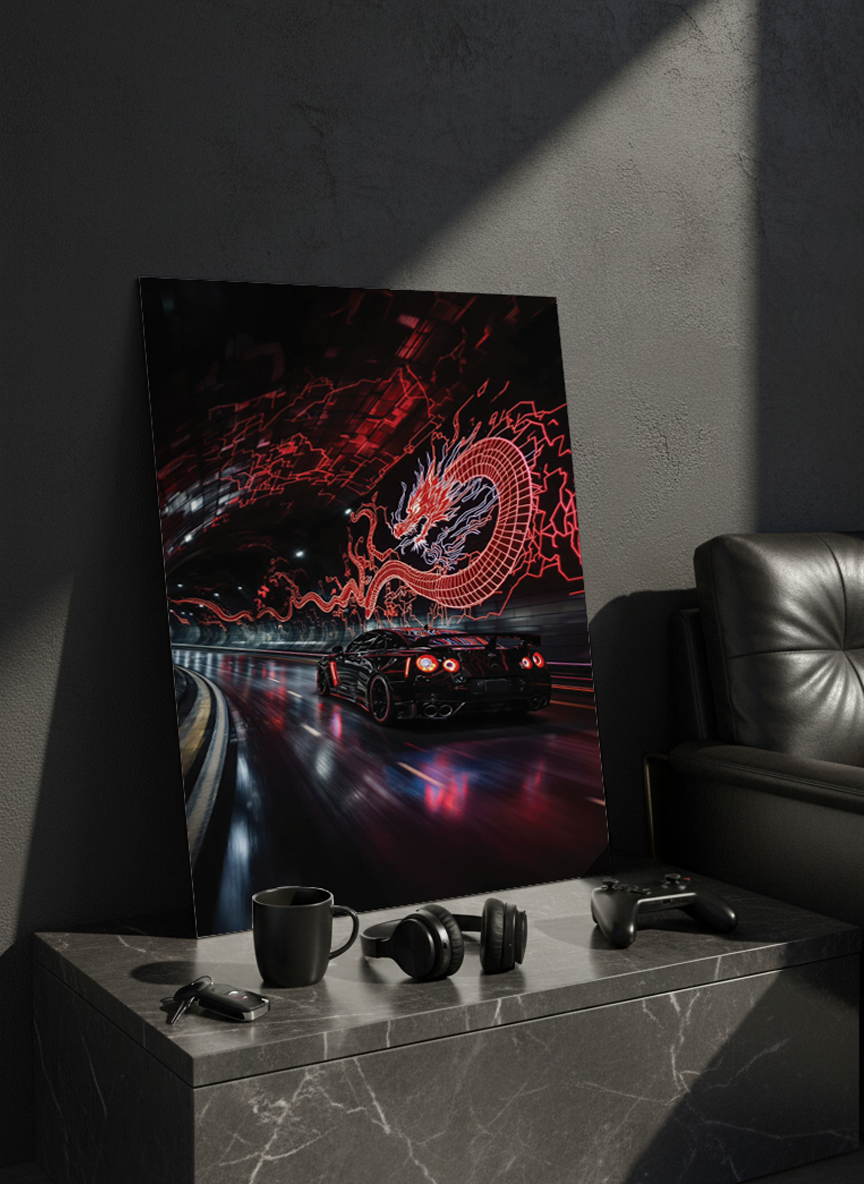 Printed 4K Ultra Gloss Metal Frame A3 Size | Dragon Night Racer Print | 1.2mm Premium Thickness Wall Frame (12x18 Inches)