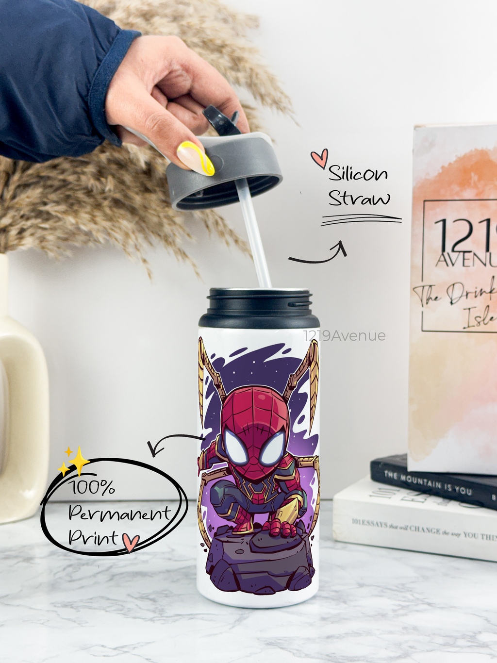 750mlPrinted Fun-Sip Water Bottle | Go Spidy Print | For Kids, School, Sports | Sipper Bottle with Carry Handle, Durable & Stylish