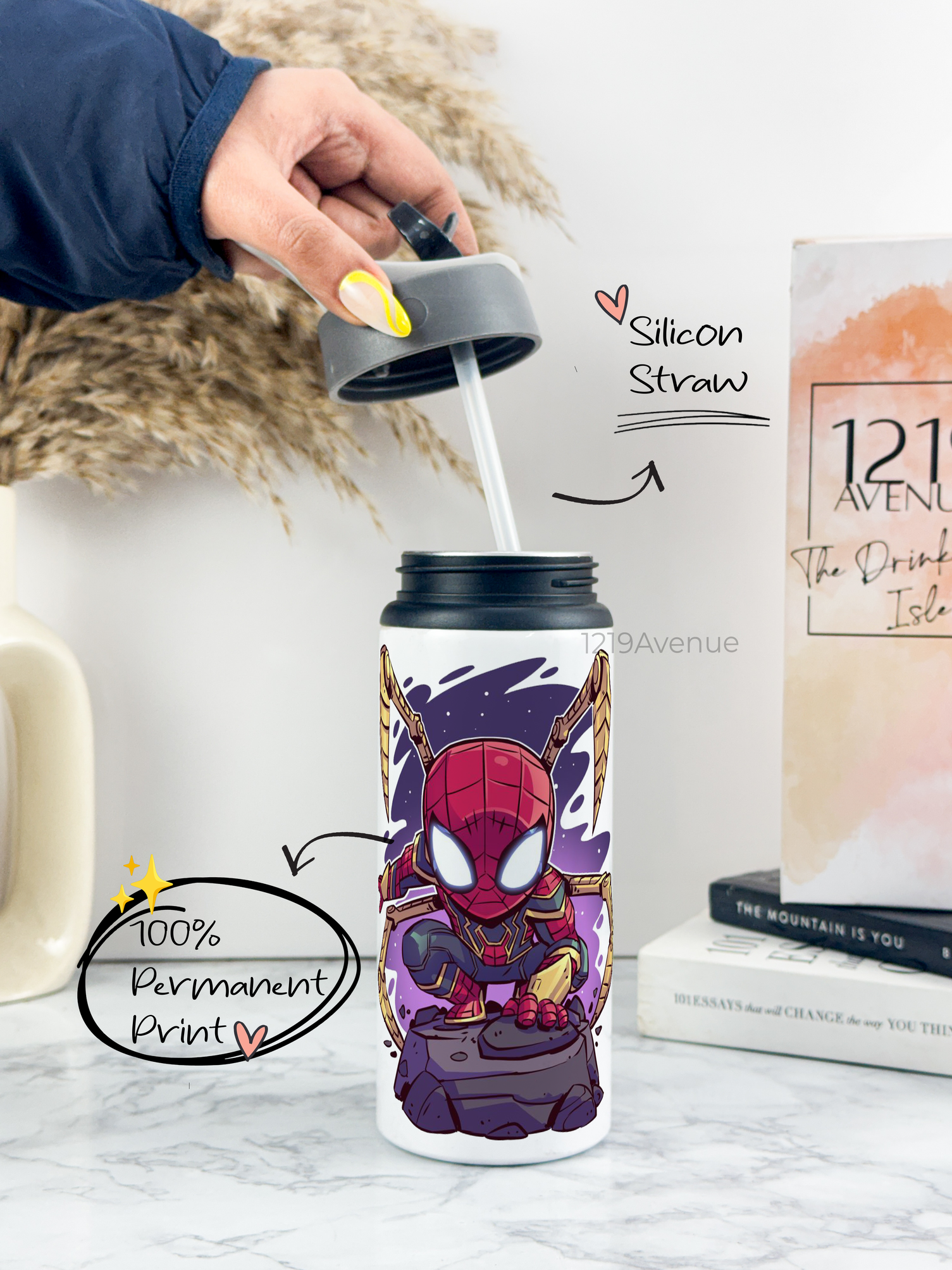 750mlPrinted Fun-Sip Water Bottle | Go Spidy Print | For Kids, School, Sports | Sipper Bottle with Carry Handle, Durable & Stylish