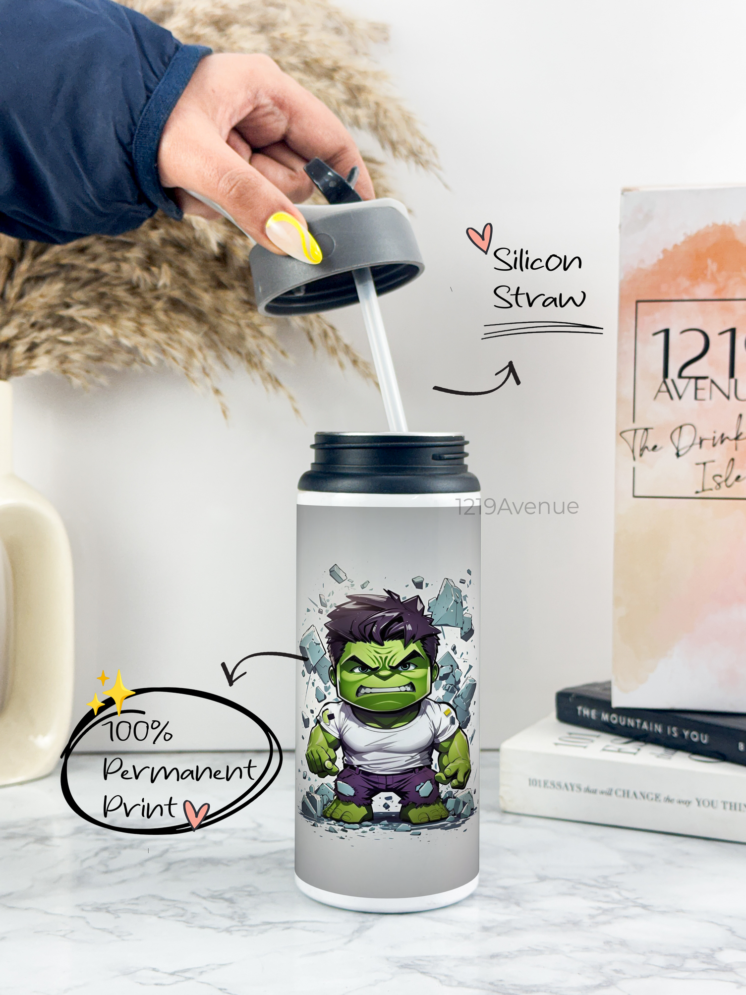 750ml Printed Fun-Sip Water Bottle | Cute Hulk Print | For Kids, School, Sports | Sipper Bottle with Carry Handle, Durable & Stylish