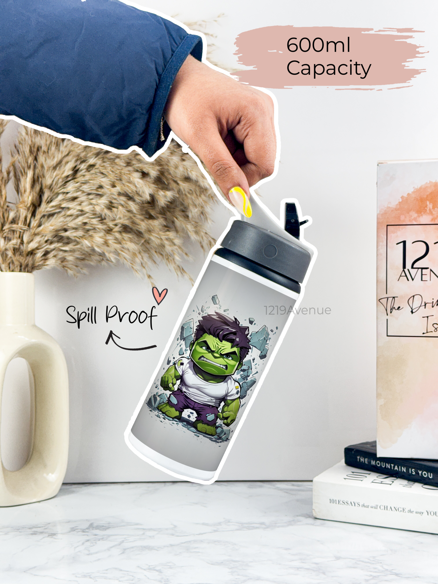 750ml Printed Fun-Sip Water Bottle | Cute Hulk Print | For Kids, School, Sports | Sipper Bottle with Carry Handle, Durable & Stylish