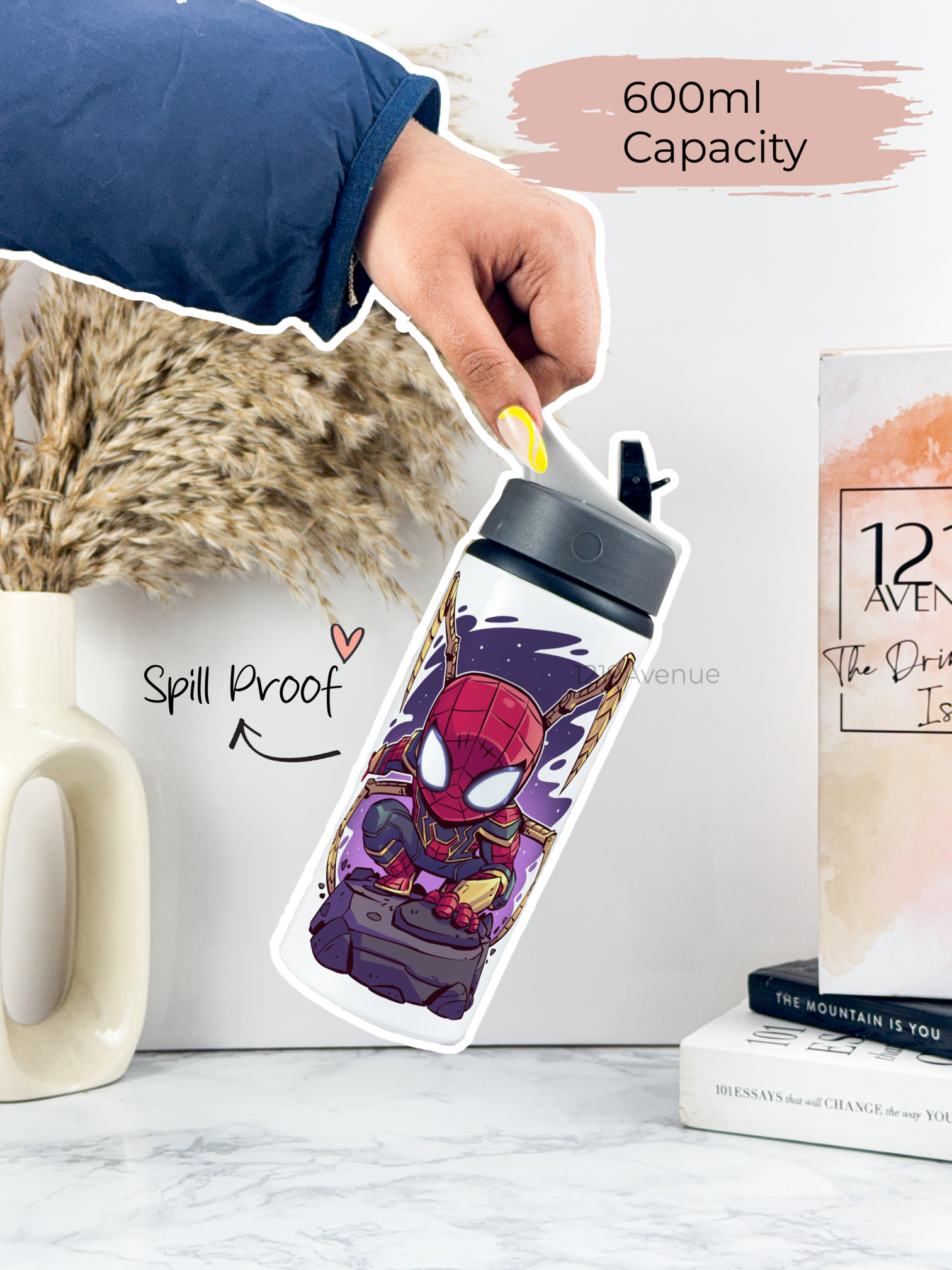 750mlPrinted Fun-Sip Water Bottle | Go Spidy Print | For Kids, School, Sports | Sipper Bottle with Carry Handle, Durable & Stylish