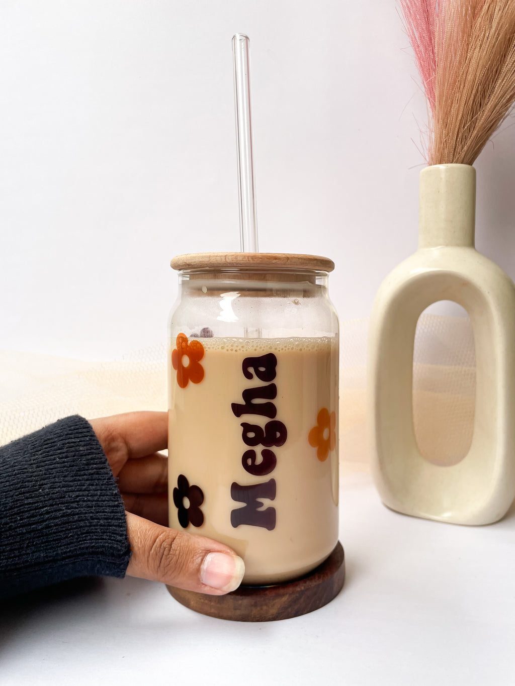 Personalized Clear Can Sipper 500ml| Name With Flowers| Coffee Glass Tumbler with straw and lid 22oz