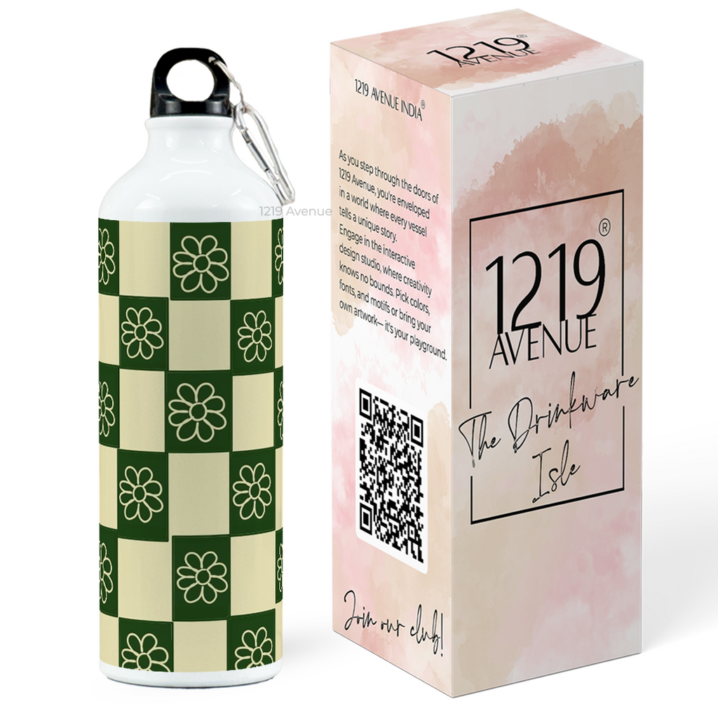 750ml Hooked-Up Water Bottle | Green Flower Checks Print | Leak Proof | Printed Bottle with Carry Hook, Durable & Stylish