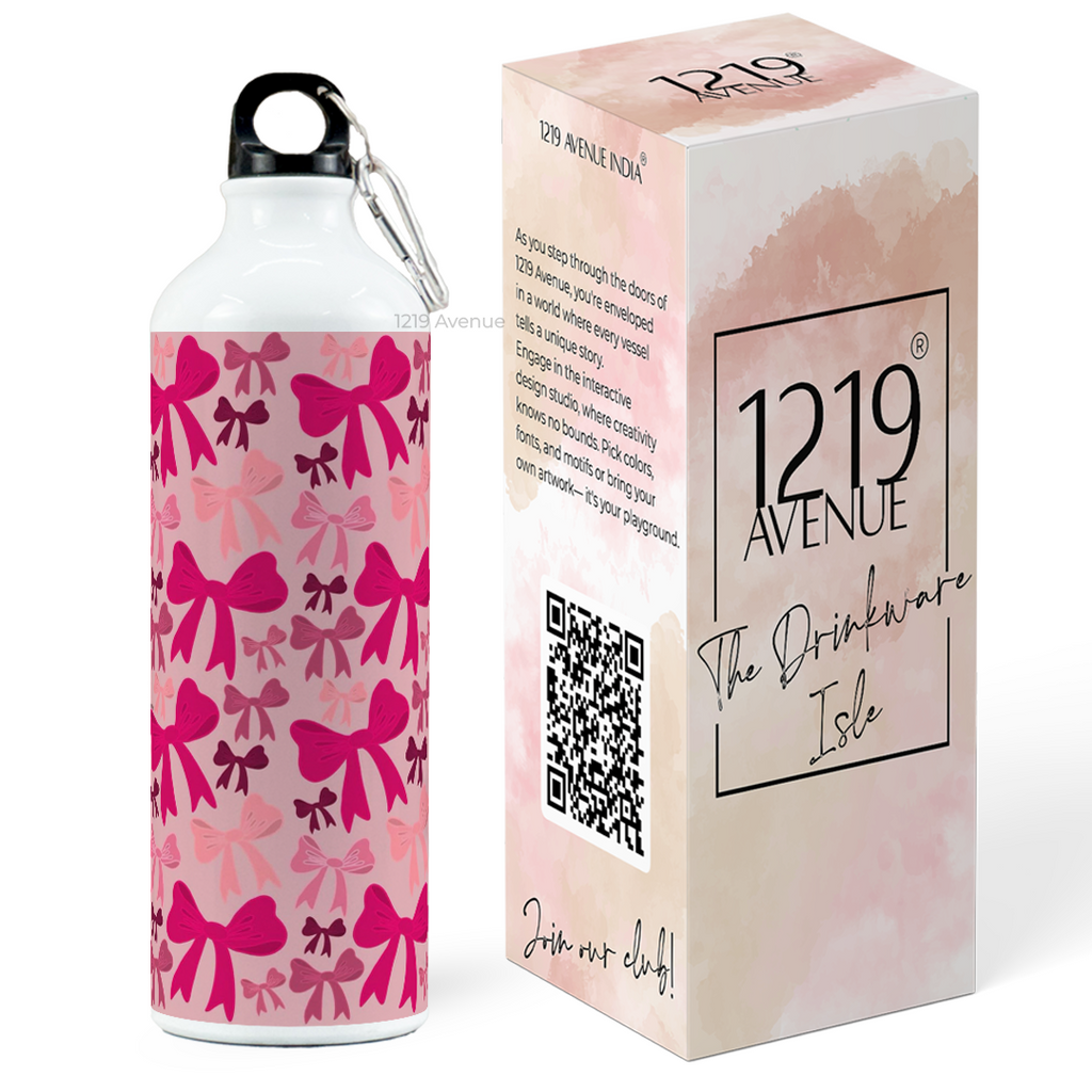 750ml Hooked-Up Water Bottle | Multi-Bows All Over Print | Leak Proof | Printed Bottle with Carry Hook, Durable & Stylish