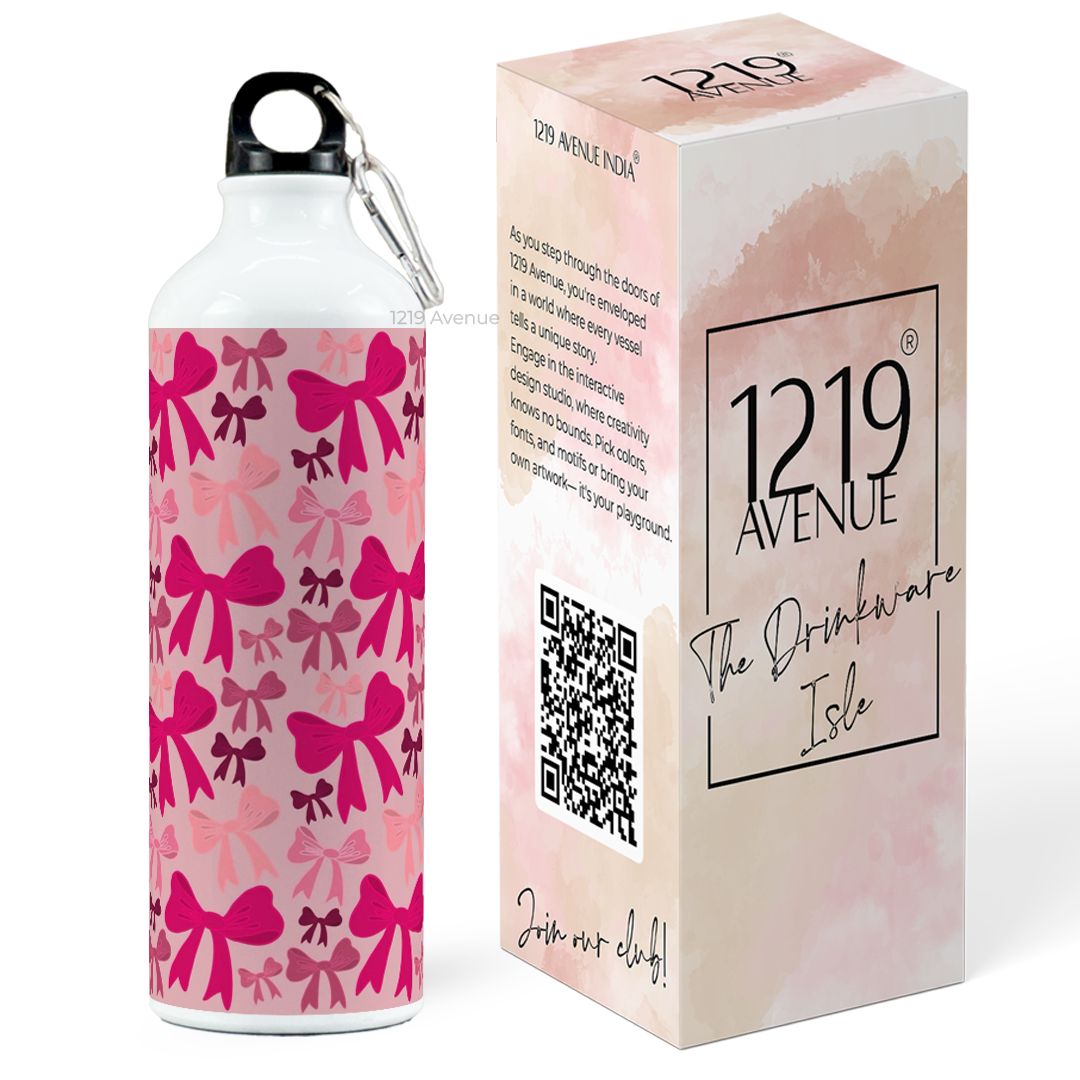 750ml Printed Hooked-Up Water Bottle | Multi-Bows All Over Print | For Kids, School, Sports | Sipper Bottle with Carry Hook, Durable & Stylish