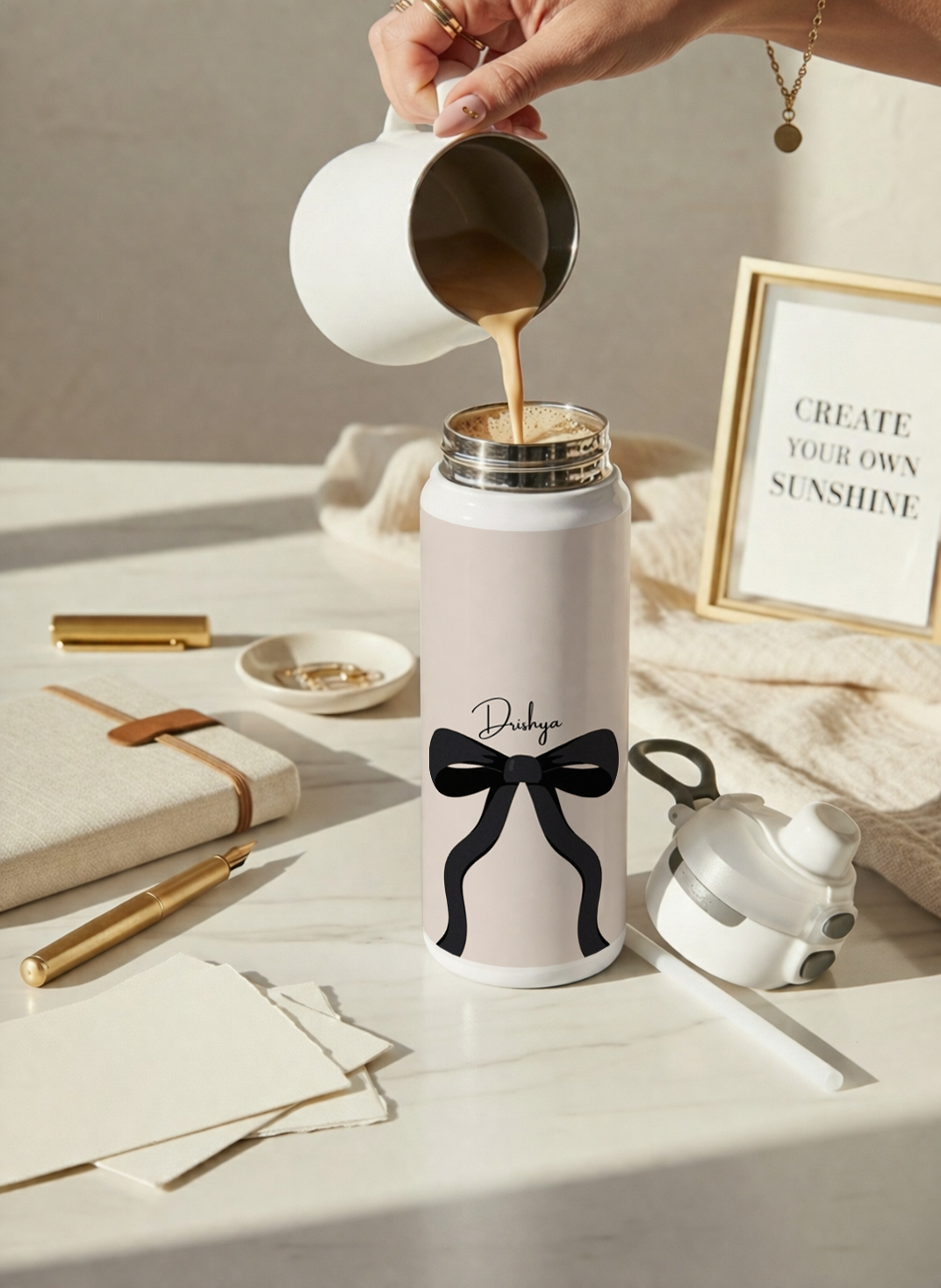 Personalised Lumi Insulated Premium Water Bottle 650ml – Noir Ribbon Print | 12+ Hours Hot & Cold | 2-Way Lid