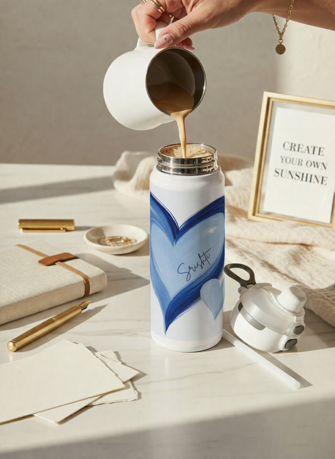 Personalised Lumi Insulated Premium Water Bottle 650ml – Indigo Hearts Print | 12+ Hours Hot & Cold | 2-Way Lid