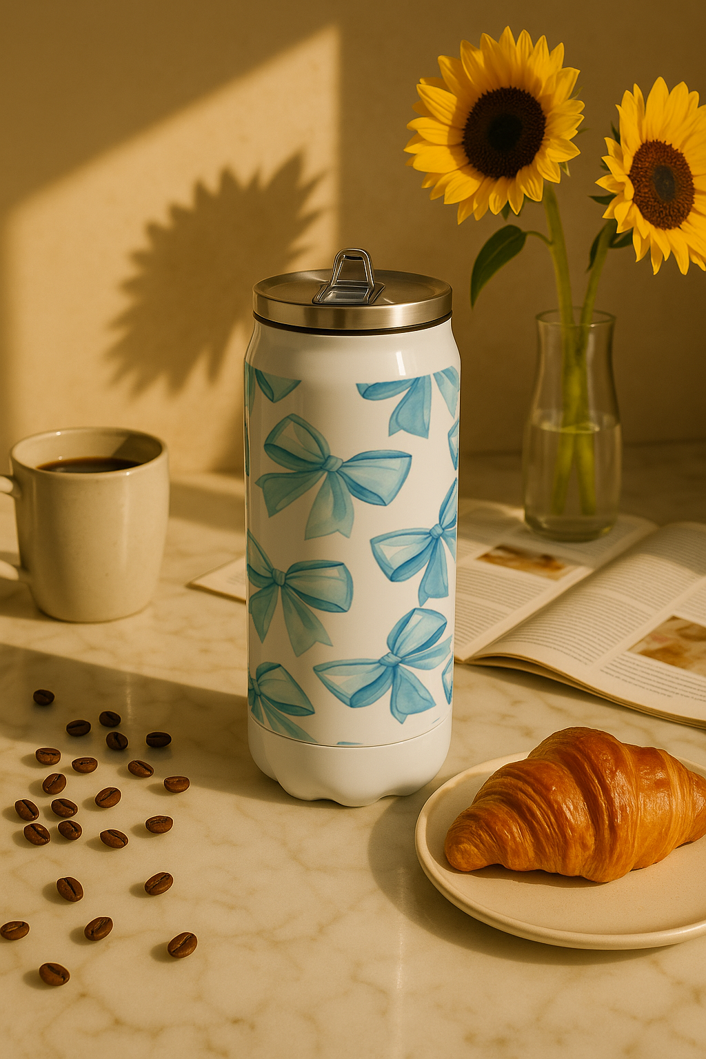 Ivora Metal Can Sipper 450 ML| Metal Cans 450 ML |Blue Whimsy Bows Print | Double Walled Hot And Cold Tumbler
