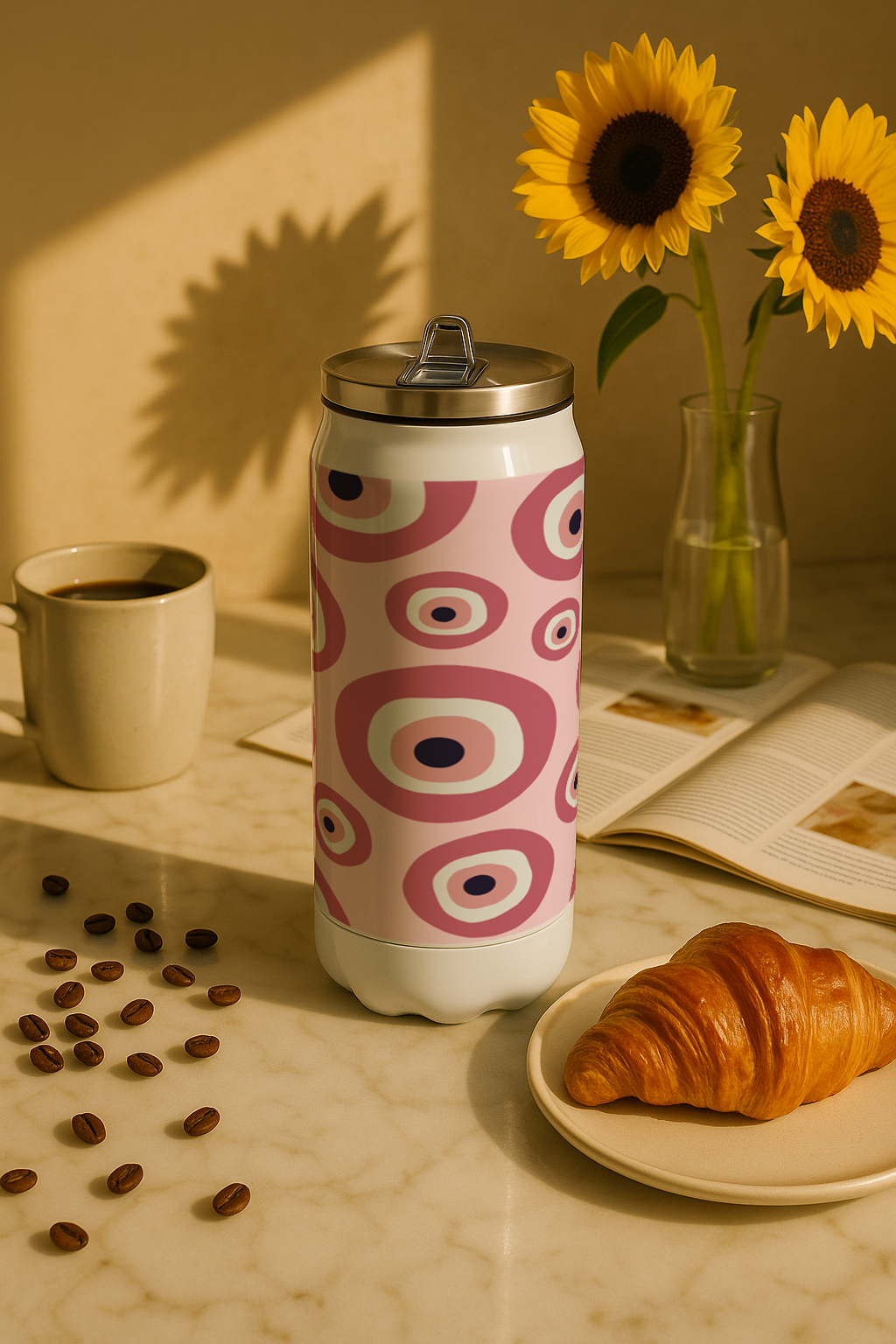 Ivora Metal Can Sipper 450 ML| Metal Cans 450 ML | Fuschia Evil Eye Print | Double Walled Hot And Cold Tumbler