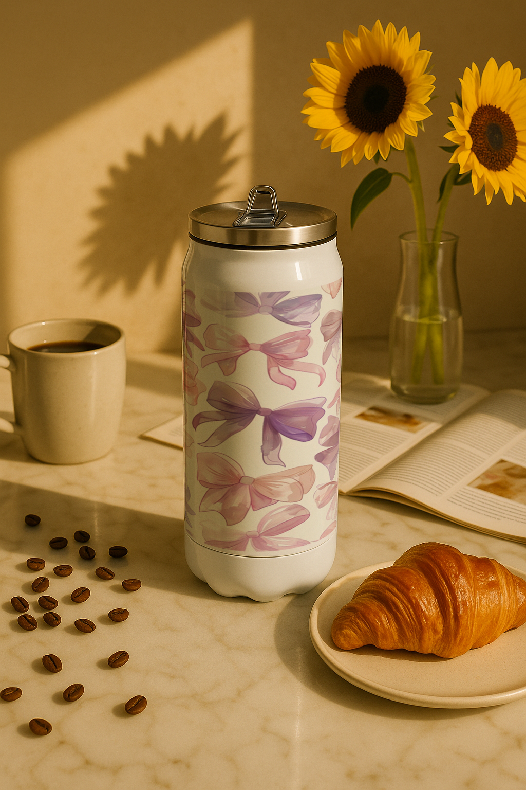Ivora Metal Can Sipper 450 ML| Metal Cans 450 ML |Lavender Bow Charm Print | Double Walled Hot And Cold Tumbler