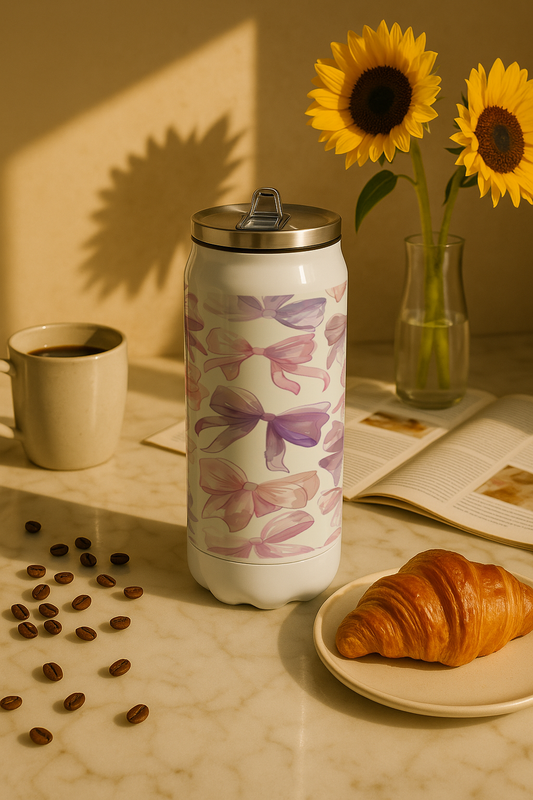 Ivora Metal Can Sipper 450 ML| Metal Cans 450 ML |Lavender Bow Charm Print | Double Walled Hot And Cold Tumbler