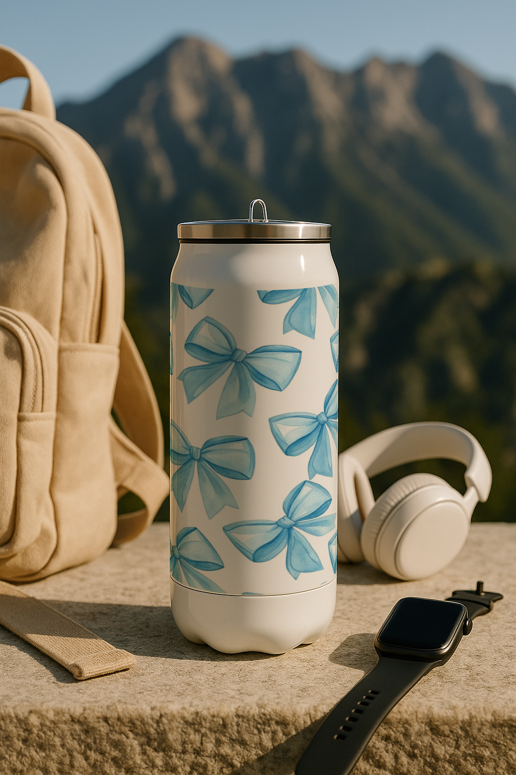 Ivora Metal Can Sipper 450 ML| Metal Cans 450 ML |Blue Whimsy Bows Print | Double Walled Hot And Cold Tumbler