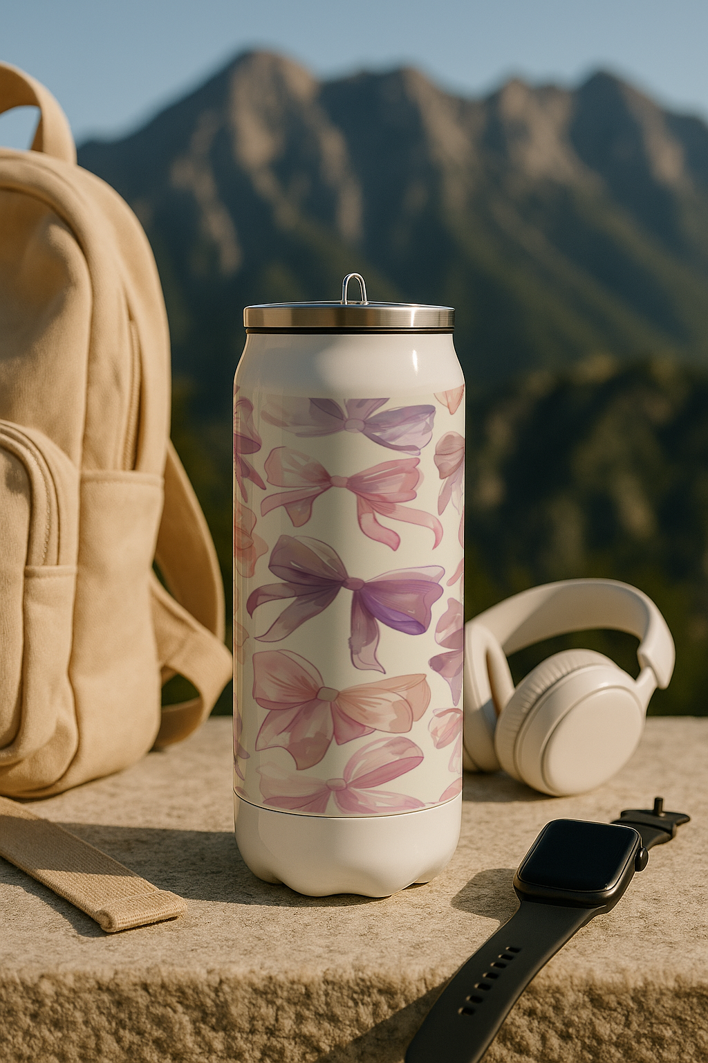 Ivora Metal Can Sipper 450 ML| Metal Cans 450 ML |Lavender Bow Charm Print | Double Walled Hot And Cold Tumbler