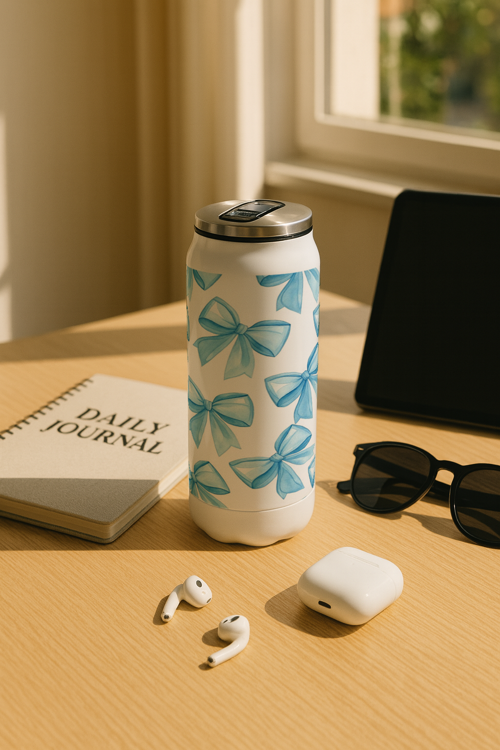 Ivora Metal Can Sipper 450 ML| Metal Cans 450 ML |Blue Whimsy Bows Print | Double Walled Hot And Cold Tumbler