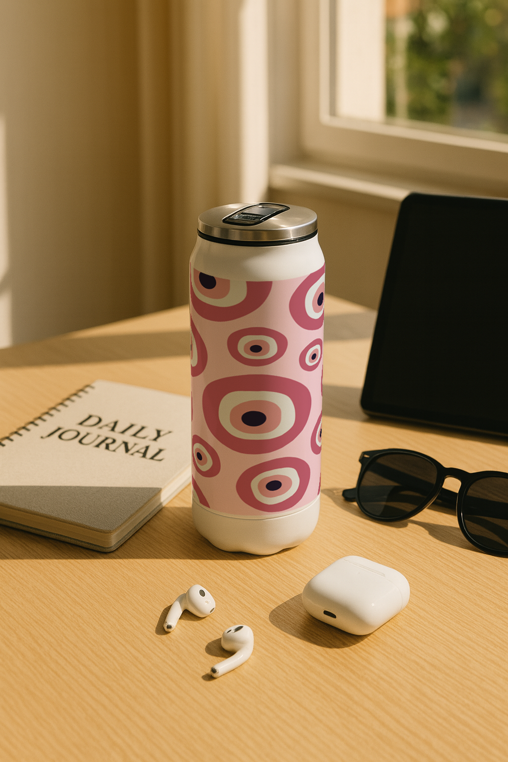 Ivora Metal Can Sipper 450 ML| Metal Cans 450 ML | Fuschia Evil Eye Print | Double Walled Hot And Cold Tumbler