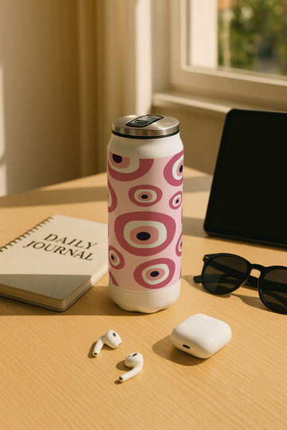 Ivora Metal Can Sipper 450 ML| Metal Cans 450 ML | Fuschia Evil Eye Print | Double Walled Hot And Cold Tumbler