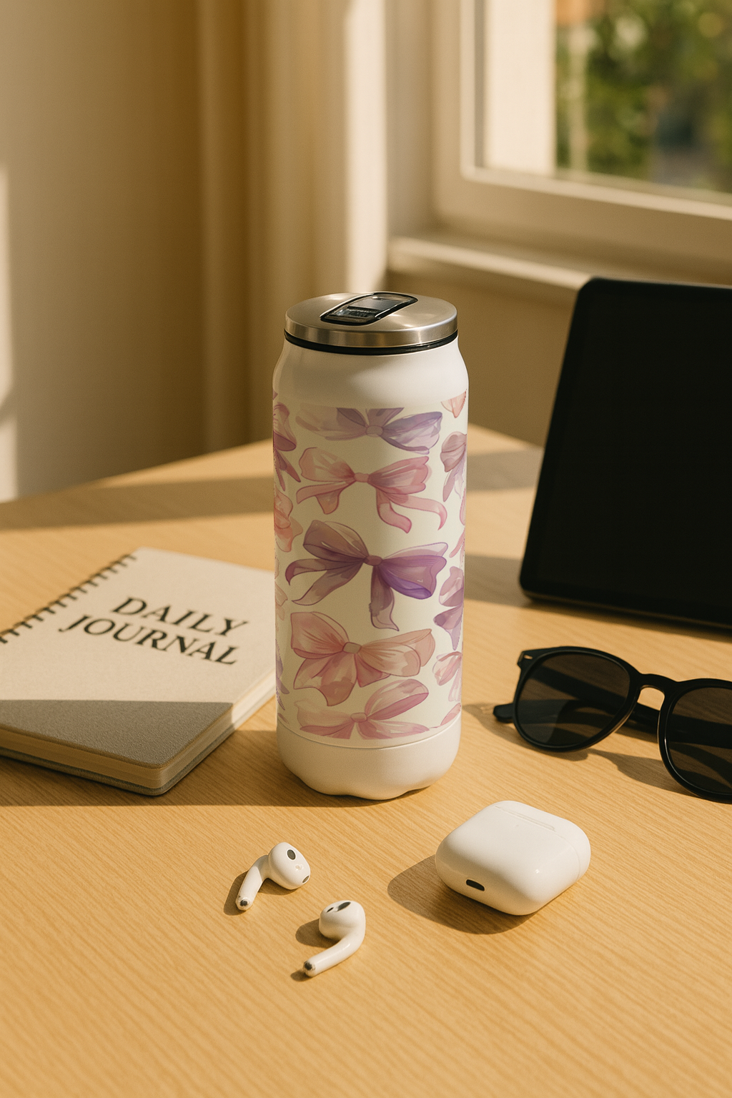 Ivora Metal Can Sipper 450 ML| Metal Cans 450 ML |Lavender Bow Charm Print | Double Walled Hot And Cold Tumbler