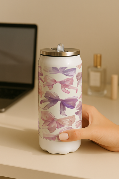 Ivora Metal Can Sipper 450 ML| Metal Cans 450 ML |Lavender Bow Charm Print | Double Walled Hot And Cold Tumbler