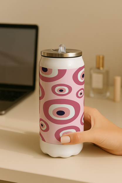 Ivora Metal Can Sipper 450 ML| Metal Cans 450 ML | Fuschia Evil Eye Print | Double Walled Hot And Cold Tumbler