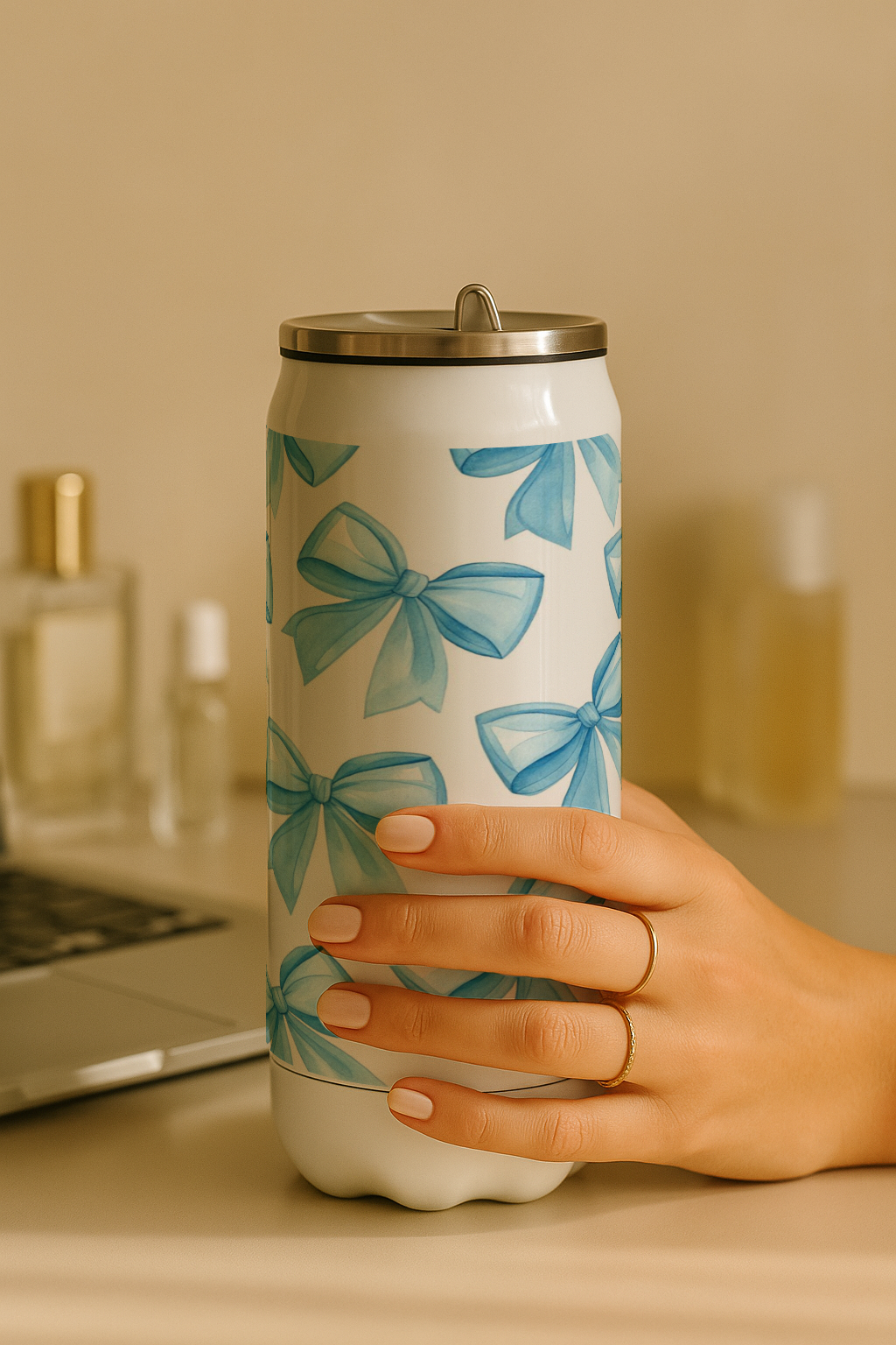 Ivora Metal Can Sipper 450 ML| Metal Cans 450 ML |Blue Whimsy Bows Print | Double Walled Hot And Cold Tumbler