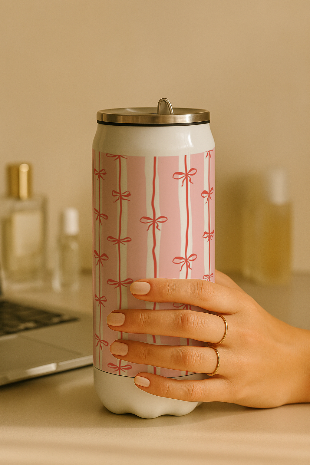 Ivora Metal Can Sipper 450 ML| Metal Cans 450 ML | Blush Bow Trail Print | Double Walled Hot And Cold Tumbler