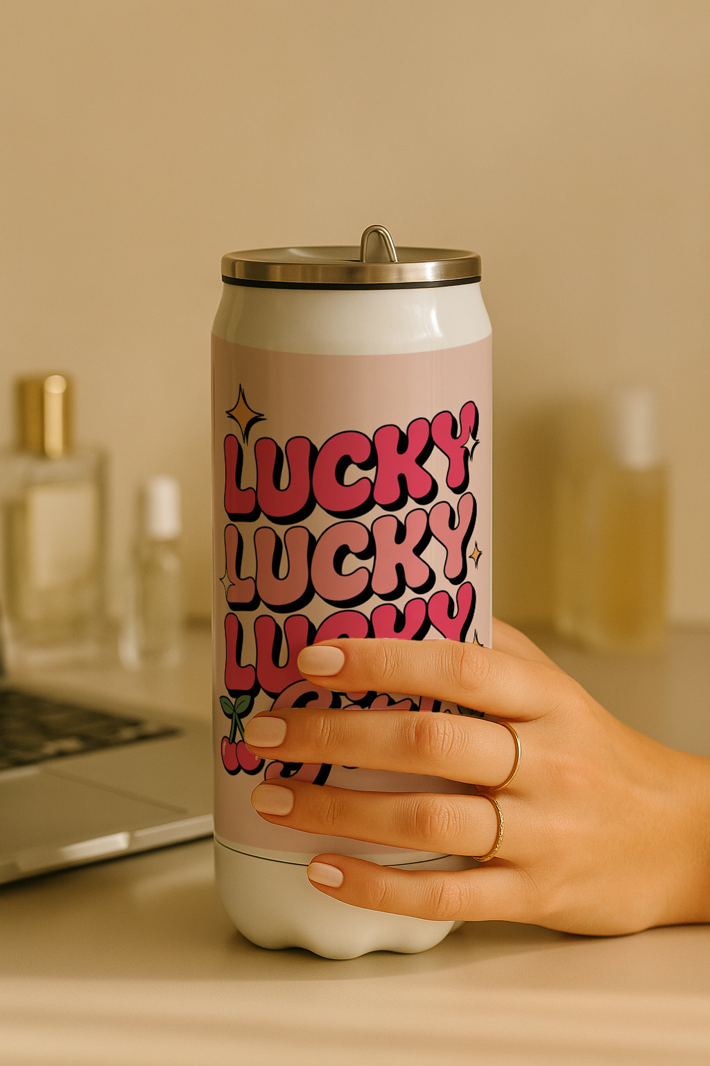 Ivora Metal Can Sipper 450 ML| Metal Cans 450 ML | Lucky Girl Syndrome Print | Double Walled Hot And Cold Tumbler