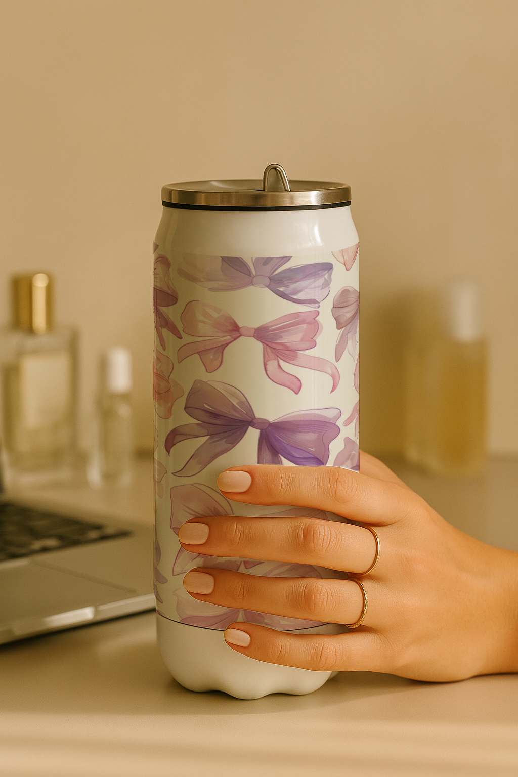 Ivora Metal Can Sipper 450 ML| Metal Cans 450 ML |Lavender Bow Charm Print | Double Walled Hot And Cold Tumbler
