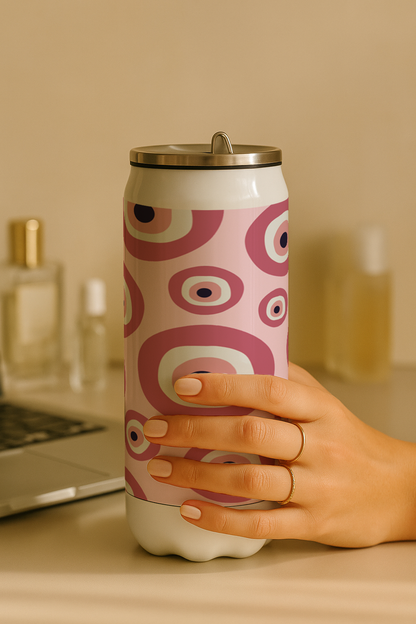 Ivora Metal Can Sipper 450 ML| Metal Cans 450 ML | Fuschia Evil Eye Print | Double Walled Hot And Cold Tumbler
