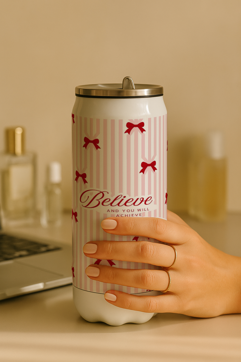 Ivora Metal Can Sipper 450 ML| Metal Cans 450 ML | Believe & Achieve Print | Double Walled Hot And Cold Tumbler