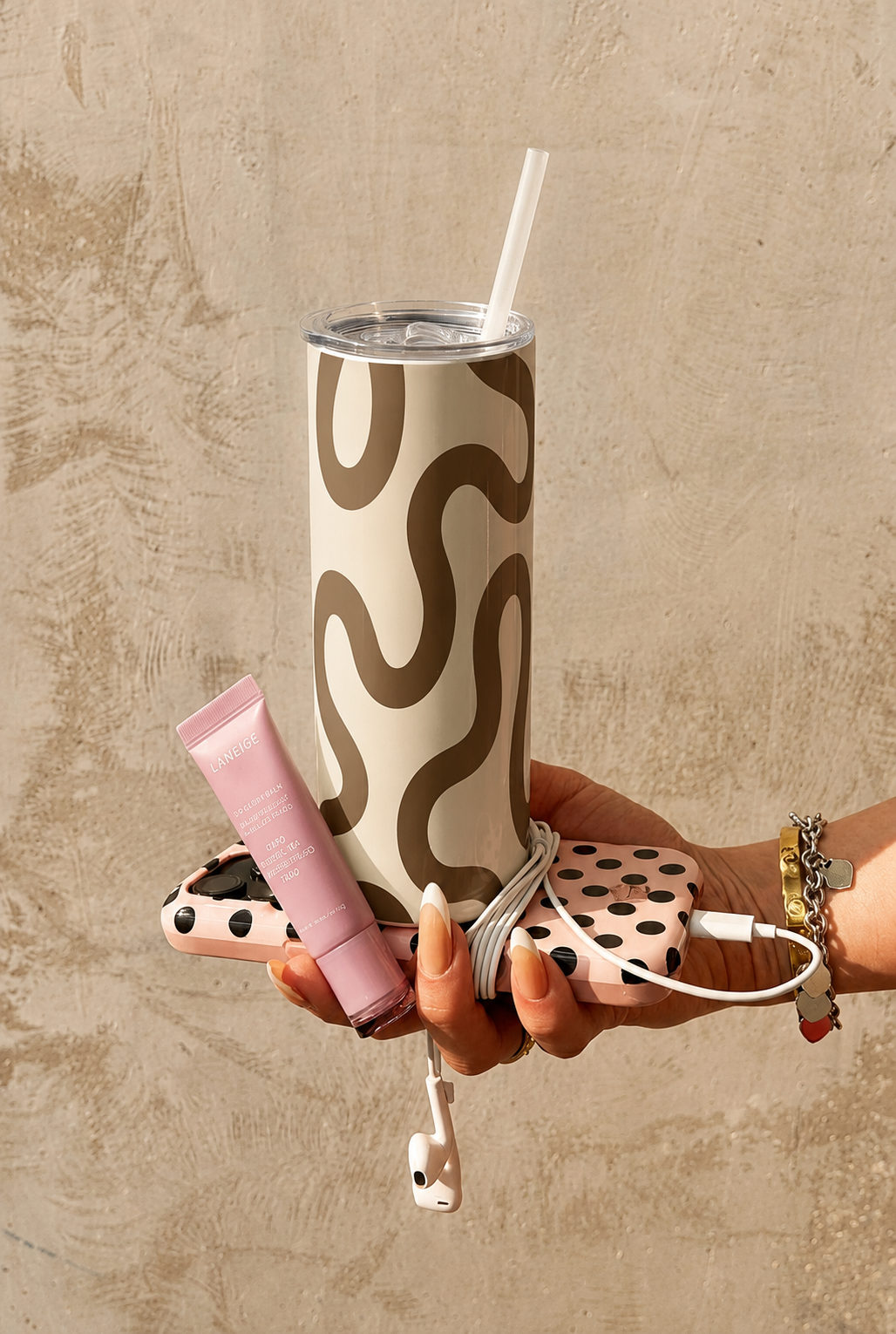 Colossal Tumbler 700ML with Straw | Mocha Wave Print |Double Walled Insulated Tumbler 7-8 hrs