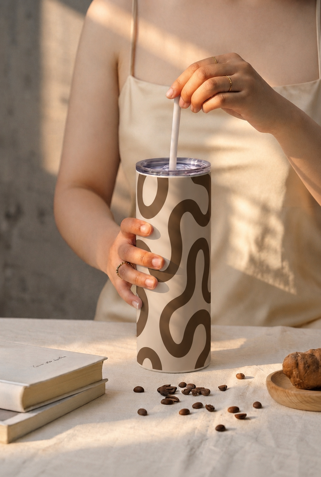Colossal Tumbler 700ML with Straw | Mocha Wave Print |Double Walled Insulated Tumbler 7-8 hrs