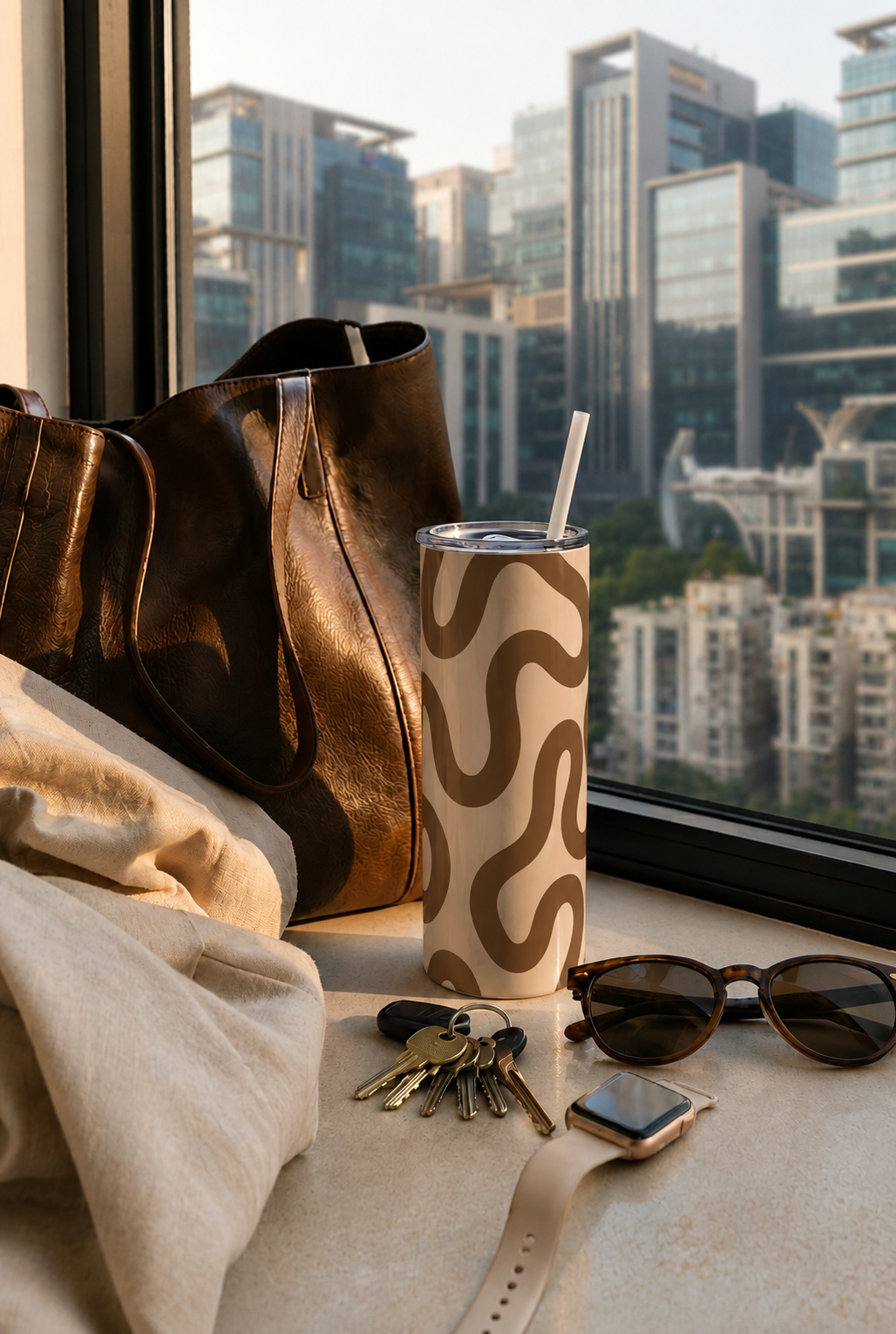 Colossal Tumbler 700ML with Straw | Mocha Wave Print |Double Walled Insulated Tumbler 7-8 hrs