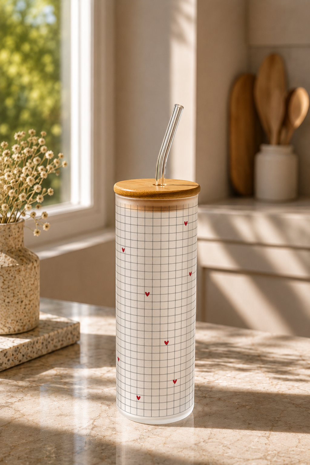 Frosted Grande Sipper 650ml| Essential Hearts Print| 20oz Tall Tumbler with Straw and Lid