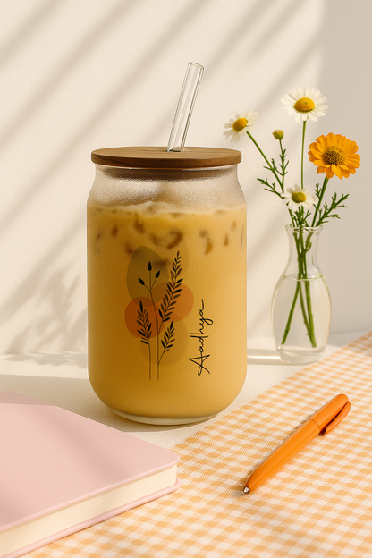 Personalized Boho Ember Frosted Glass Can Sipper 500ml – Coffee Tumbler with Straw & Lid