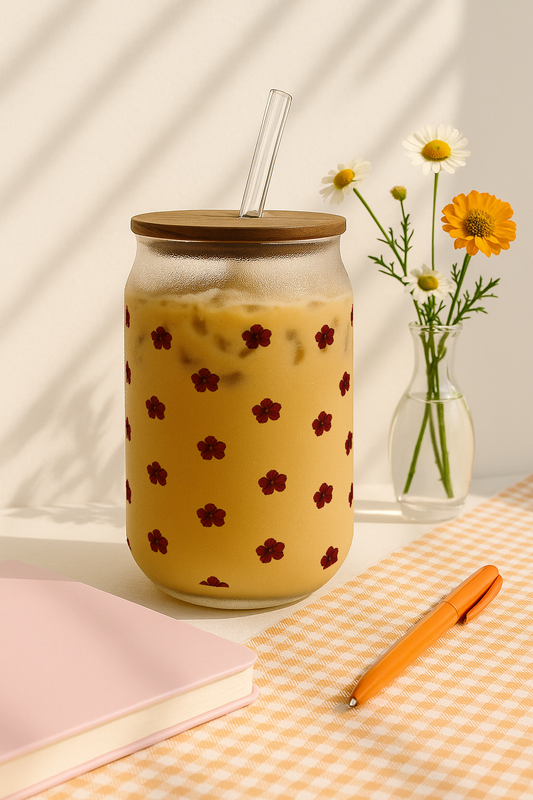 Personalized Petite Fleur Frosted Glass Can Sipper 500ml – Coffee Tumbler with Straw & Lid