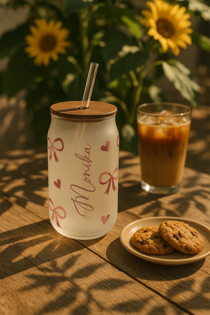 Personalized Bowtique Frosted Glass Can Sipper 500ml – Coffee Tumbler with Straw & Lid